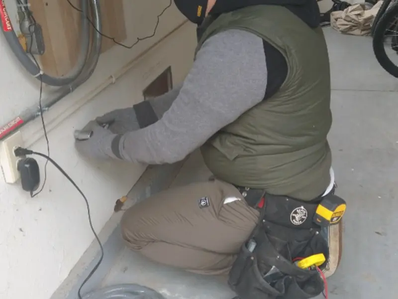 Electrician performing outlet wiring in a Louisville garage